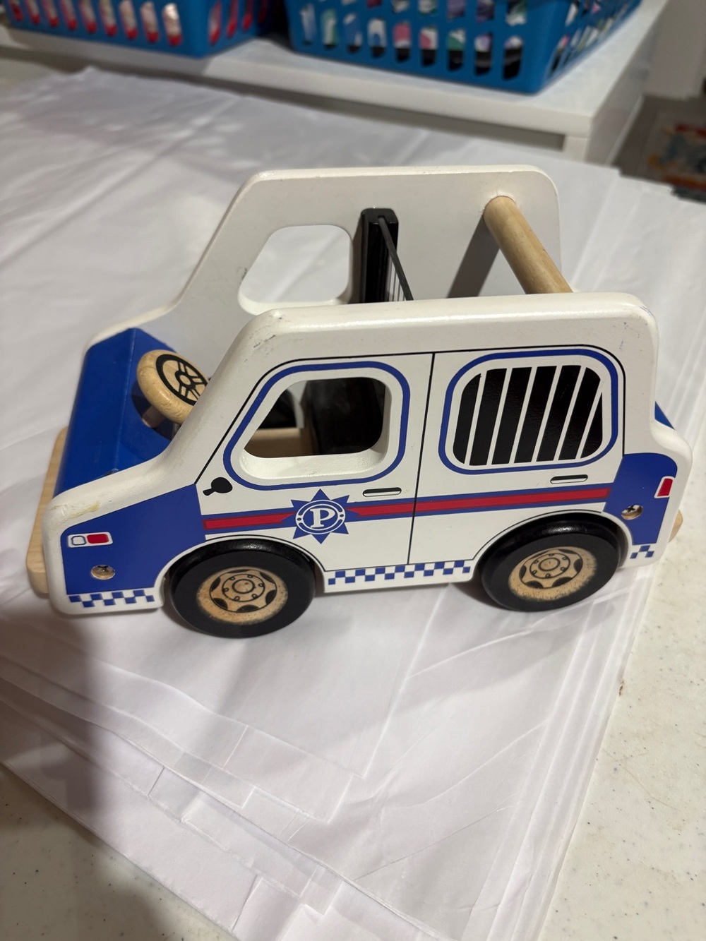 Pottery Barn Wooden Blue and White Police Toy Van for Kids
